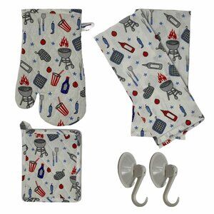 Oven Mitt Pot Holder and Tea Towel Set BBQ Grilling Theme 4 PC Kitchen
